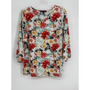 Mario Serrani Italy Womens Red Floral V-Neck 3/4 Sleeve Blouse Top Sz S